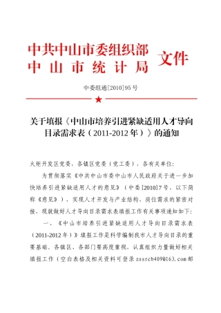 中山市培养引进紧缺适用人才导向目录需求表
