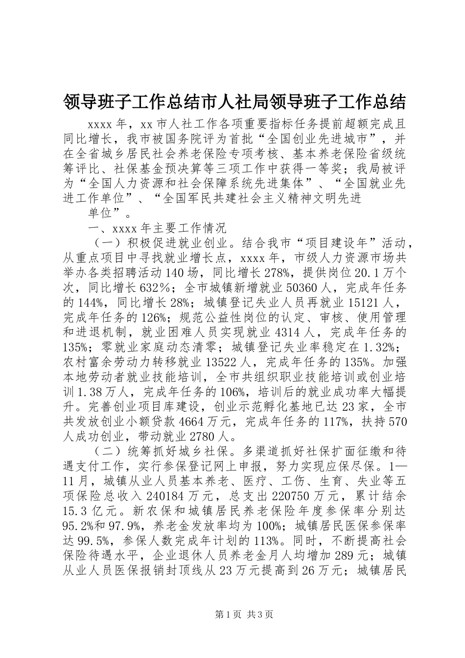 领导班子工作总结市人社局领导班子工作总结_第1页