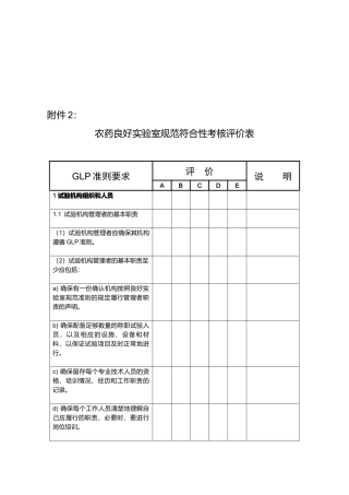 农药良好实验室规范符合性考核评价表