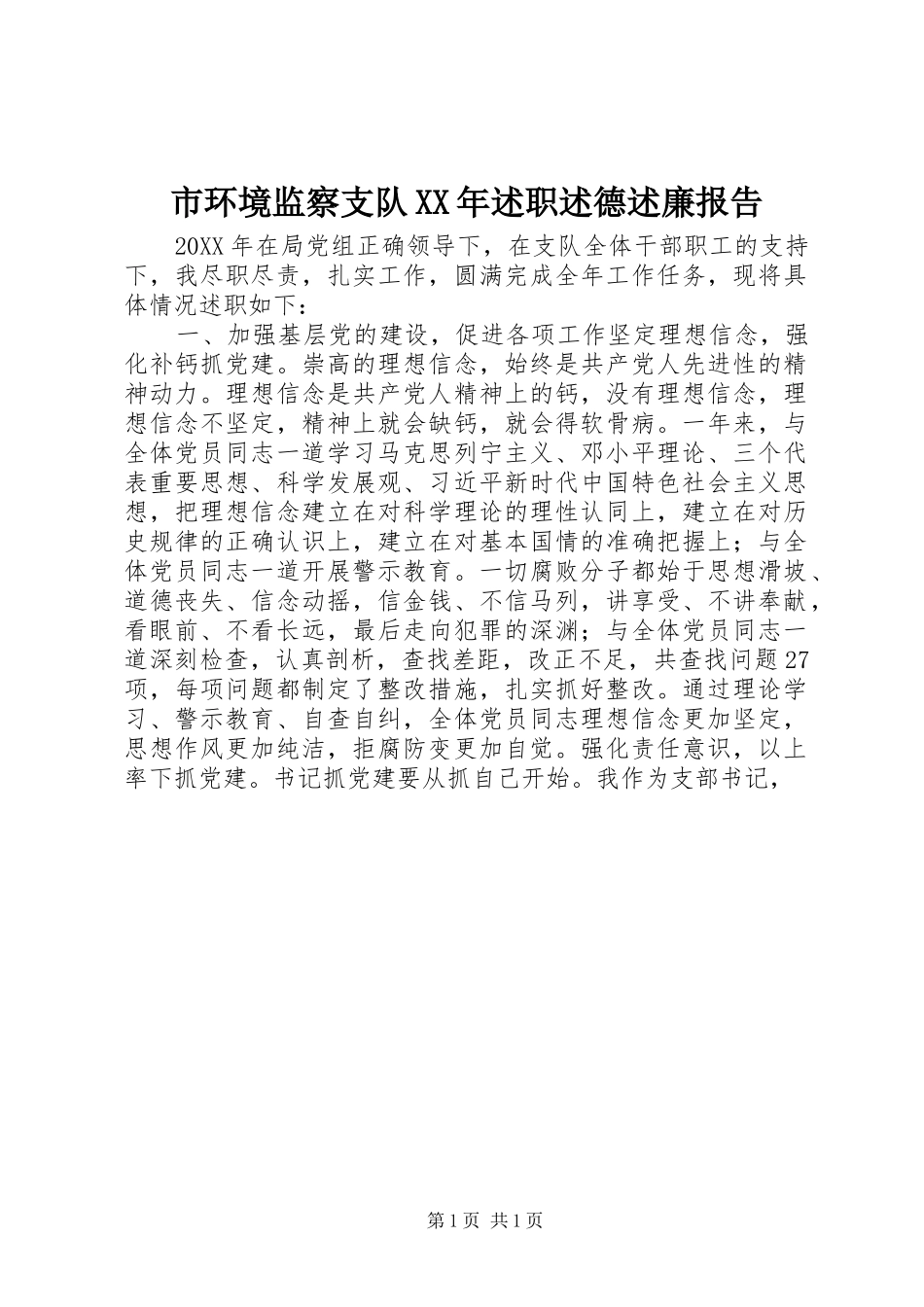 市环境监察支队述职述德述廉报告_第1页
