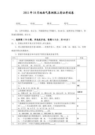 人力资源-XXXX年10月地面气象测报上岗证考试卷