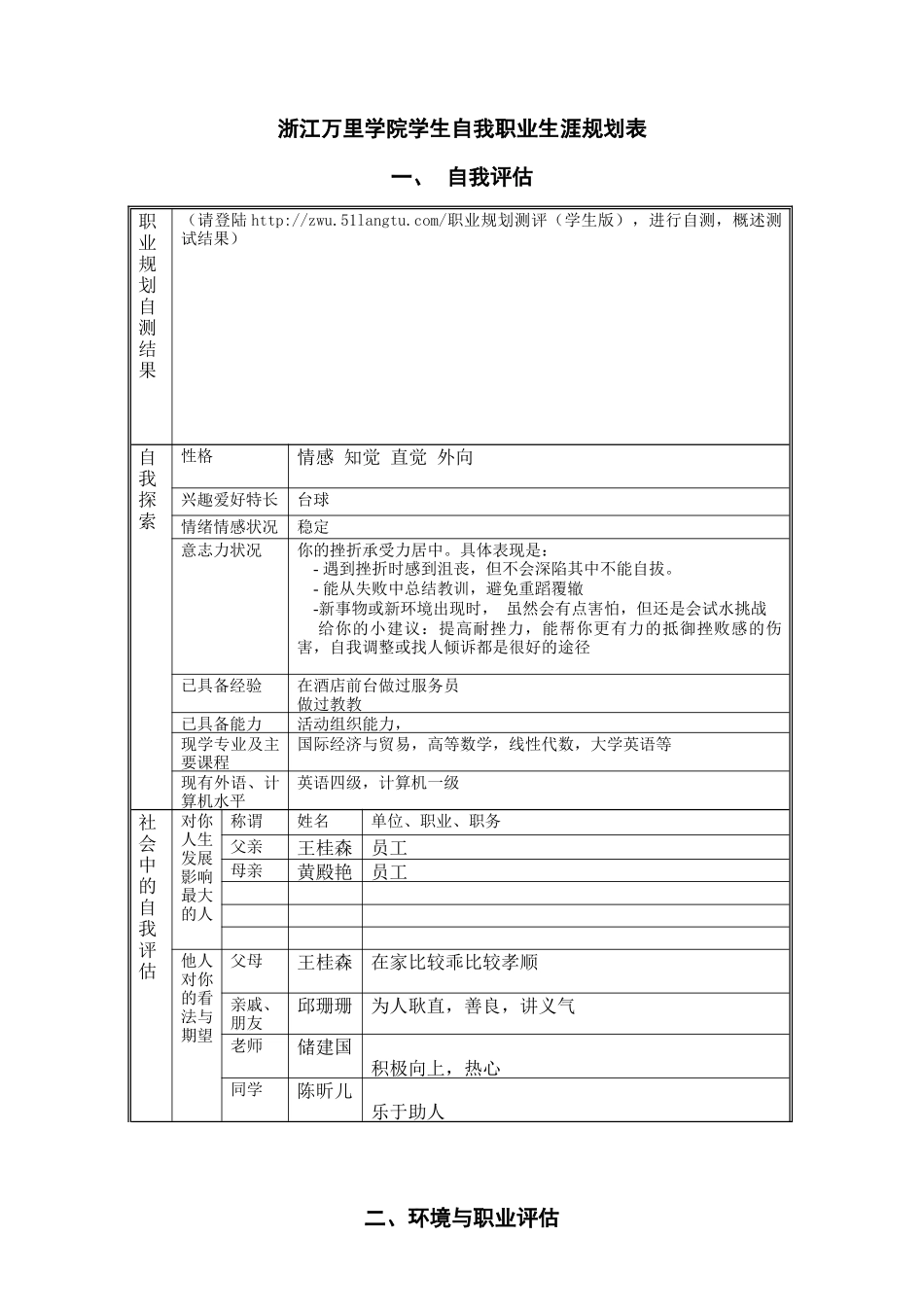 人力资源-2学生自我职业生涯规划表3_第1页