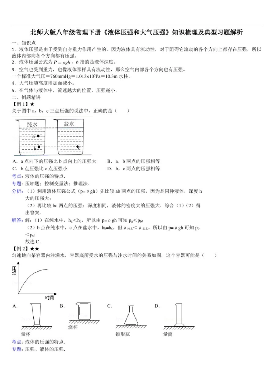 北师大版八年级物理下册《液体压强和大气压强》知识梳理及典型习题解析_第1页