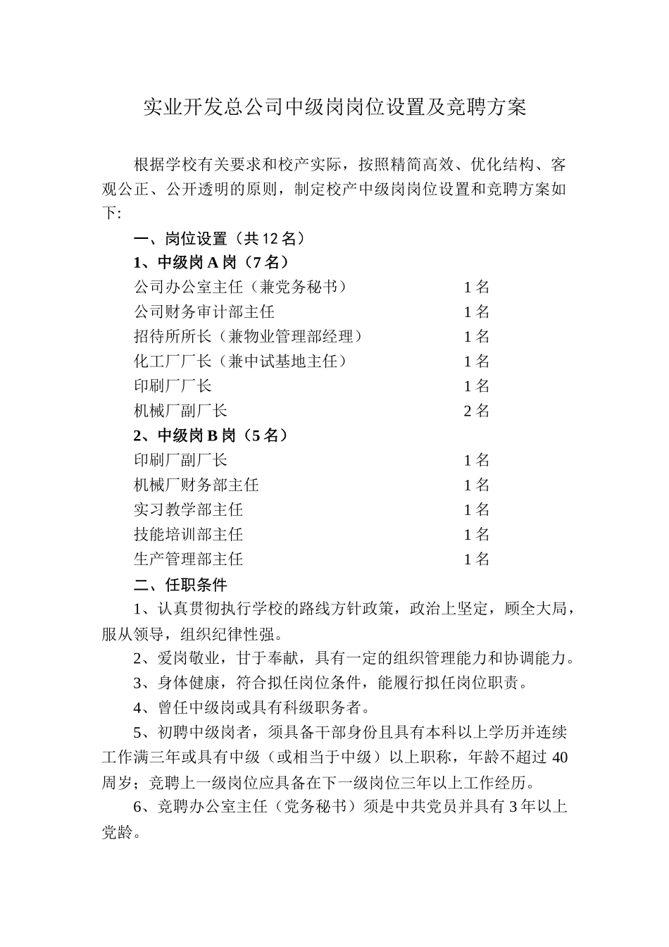 实业开发总公司中级岗岗位设置及竞聘方案_第1页