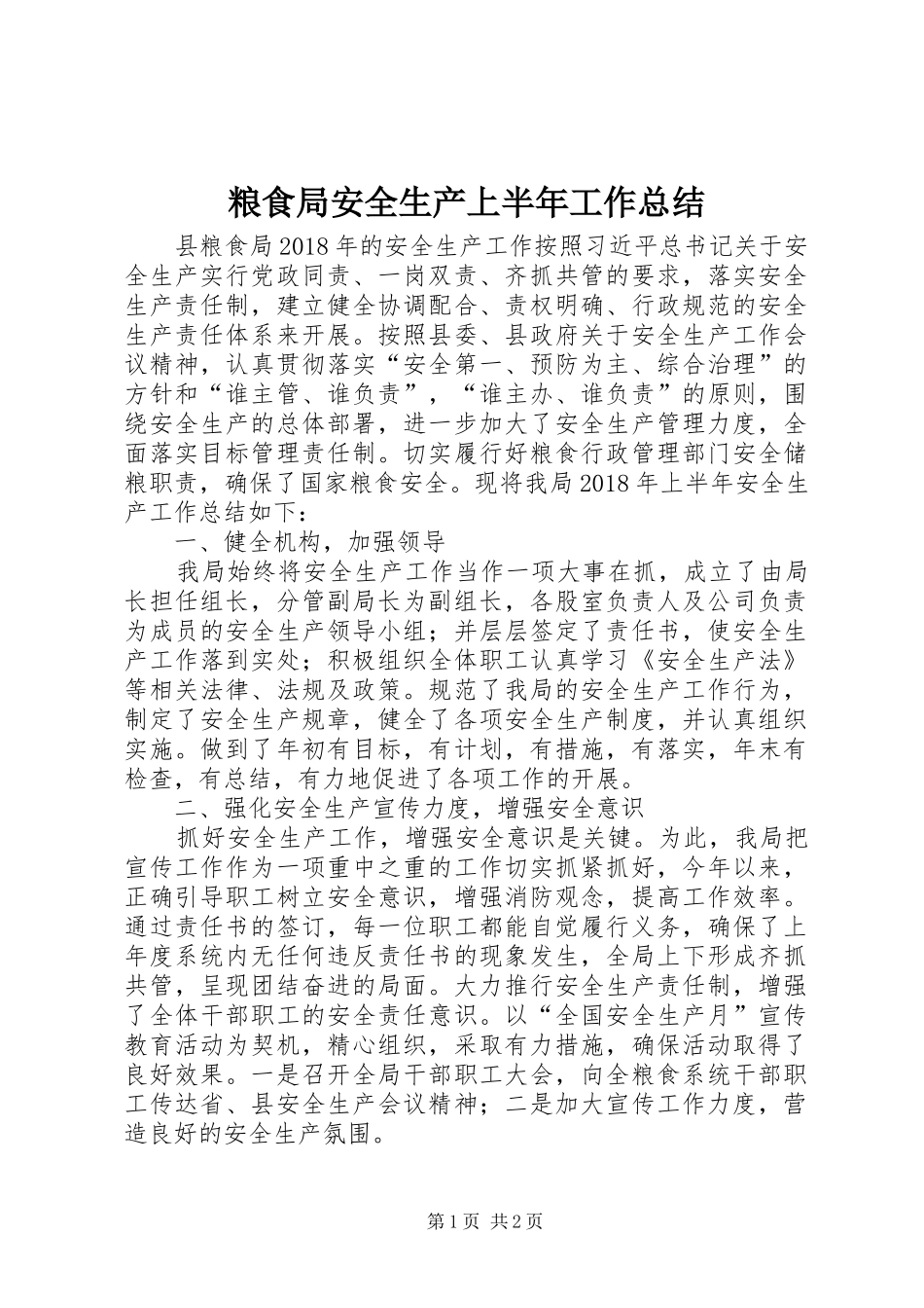 粮食局安全生产上半年工作总结_第1页