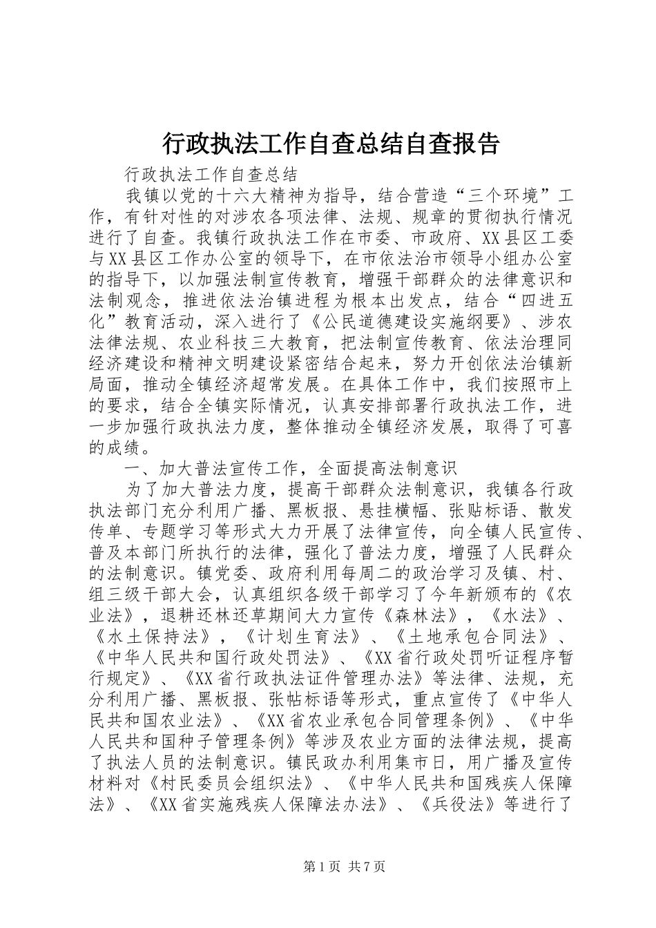 行政执法工作自查总结自查报告_第1页