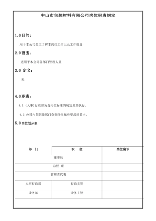 中山市某公司岗位职责规定