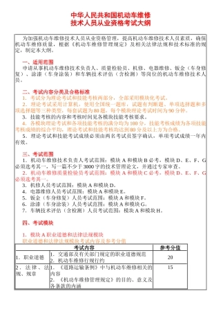 中华人民共和国机动车维修技术人员从业资格考试大纲