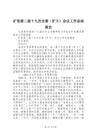 矿党委二届十九次全委（扩大）会议工作总结报告