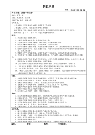 品管一部岗位职责
