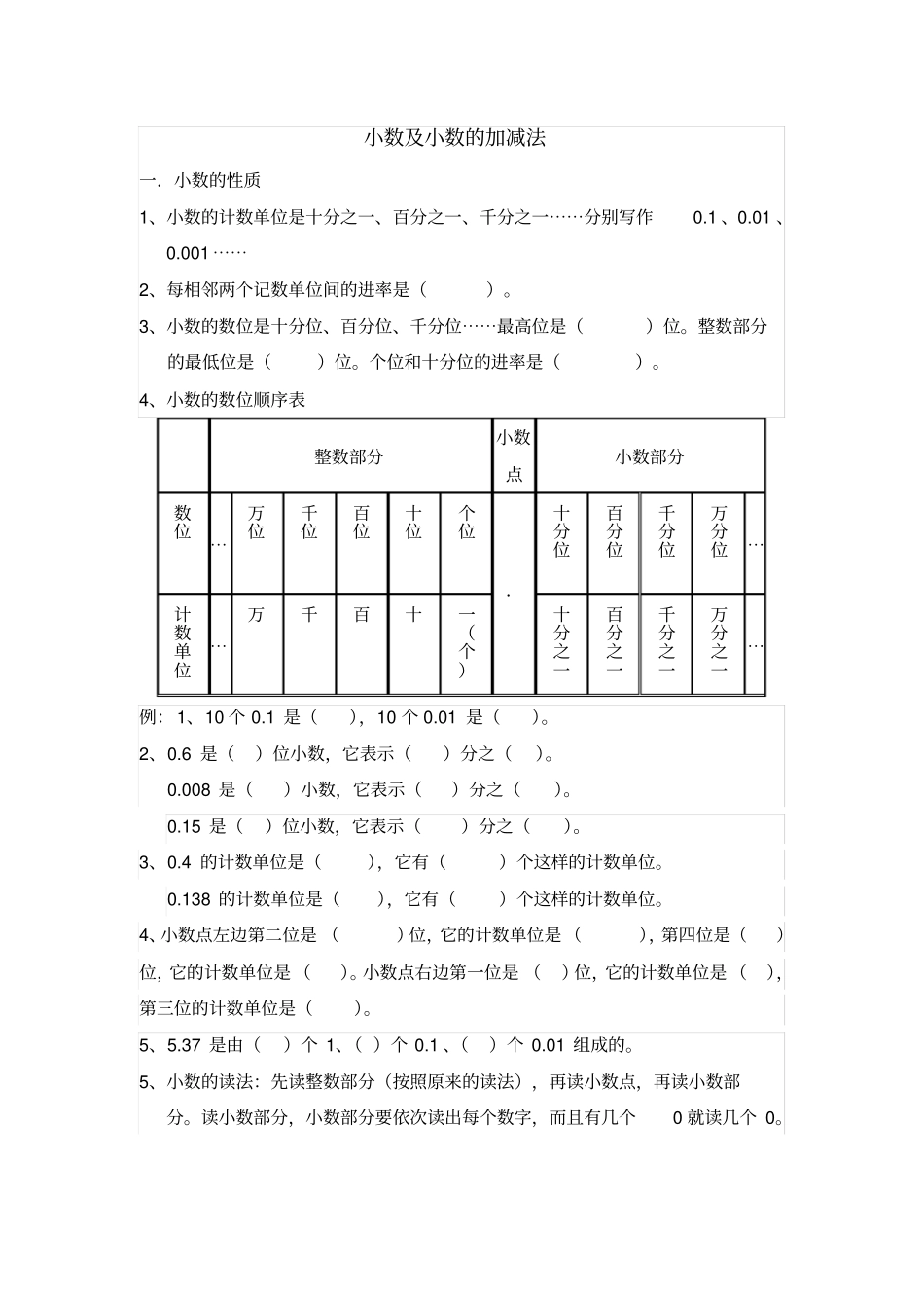 小数及小数的加减法知识点及练习_第1页
