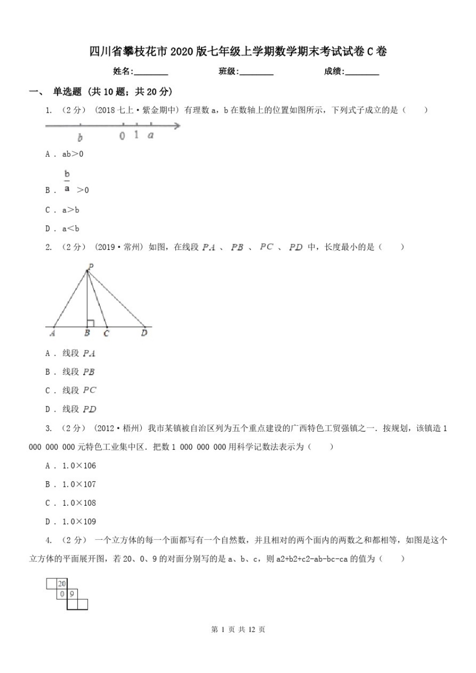 四川省攀枝花市2020版七年级上学期数学期末考试试卷C卷_第1页