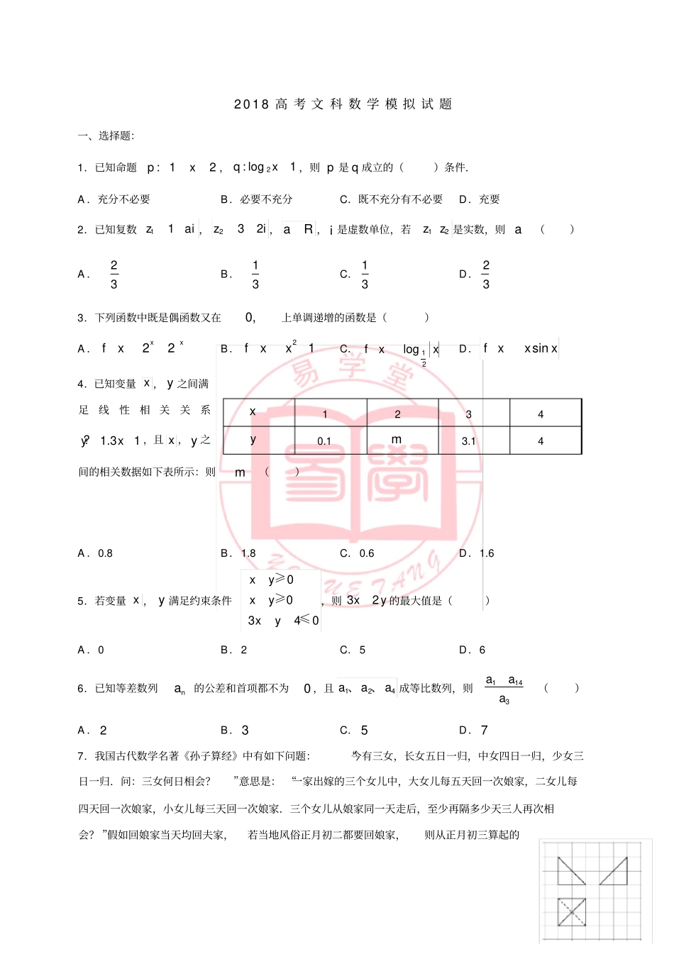 2018高考文科数学模拟试题_第1页
