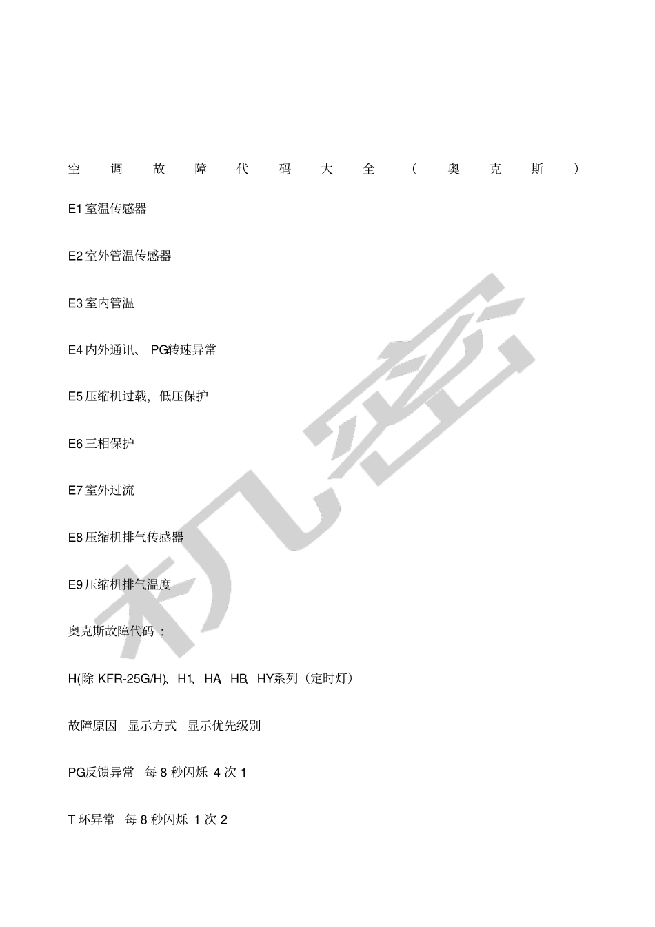 奥克斯空调故障代码大全_第1页