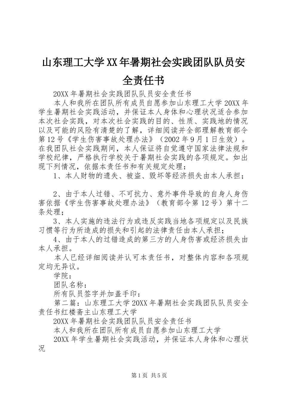 山东理工大学暑期社会实践团队队员安全责任书_第1页