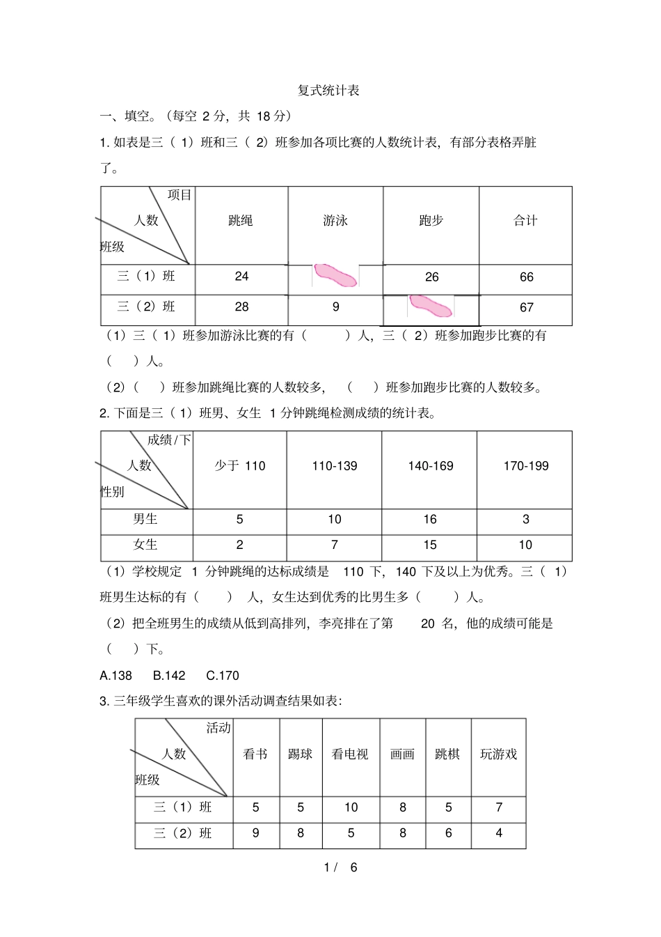 人教版小学三年级下册数学试题-3《复式统计表》测试题(含答案)_第1页