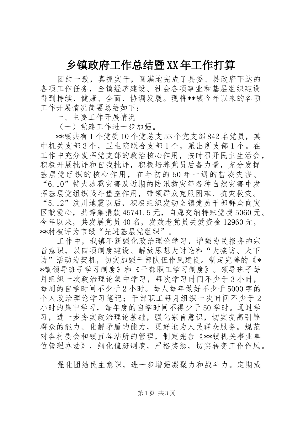 乡镇政府工作总结暨工作打算_第1页