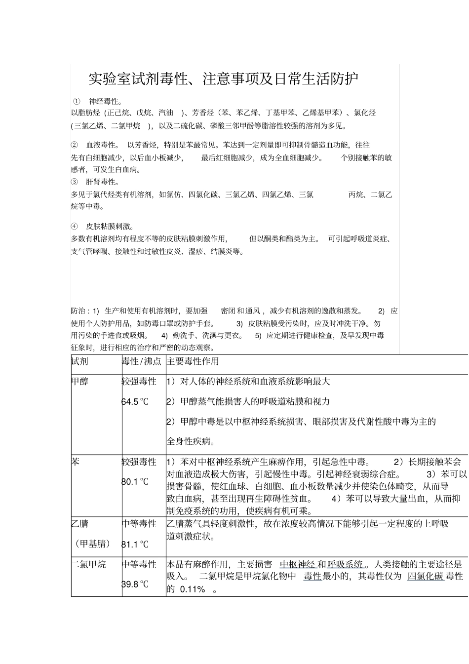 实验室试剂毒性、注意事项及日常生活防护_第1页