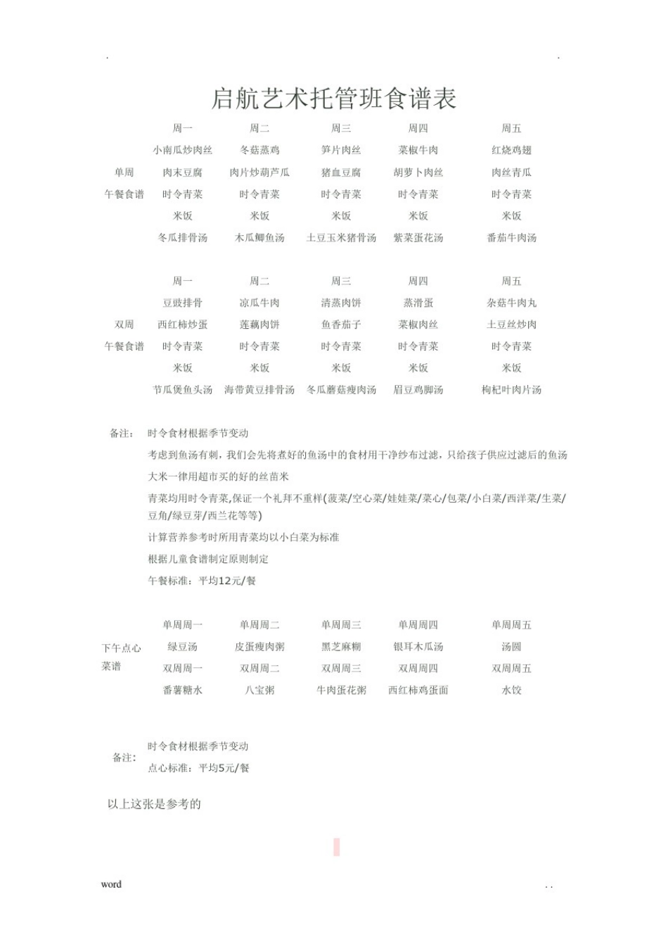启航艺术托管班食谱表_第1页