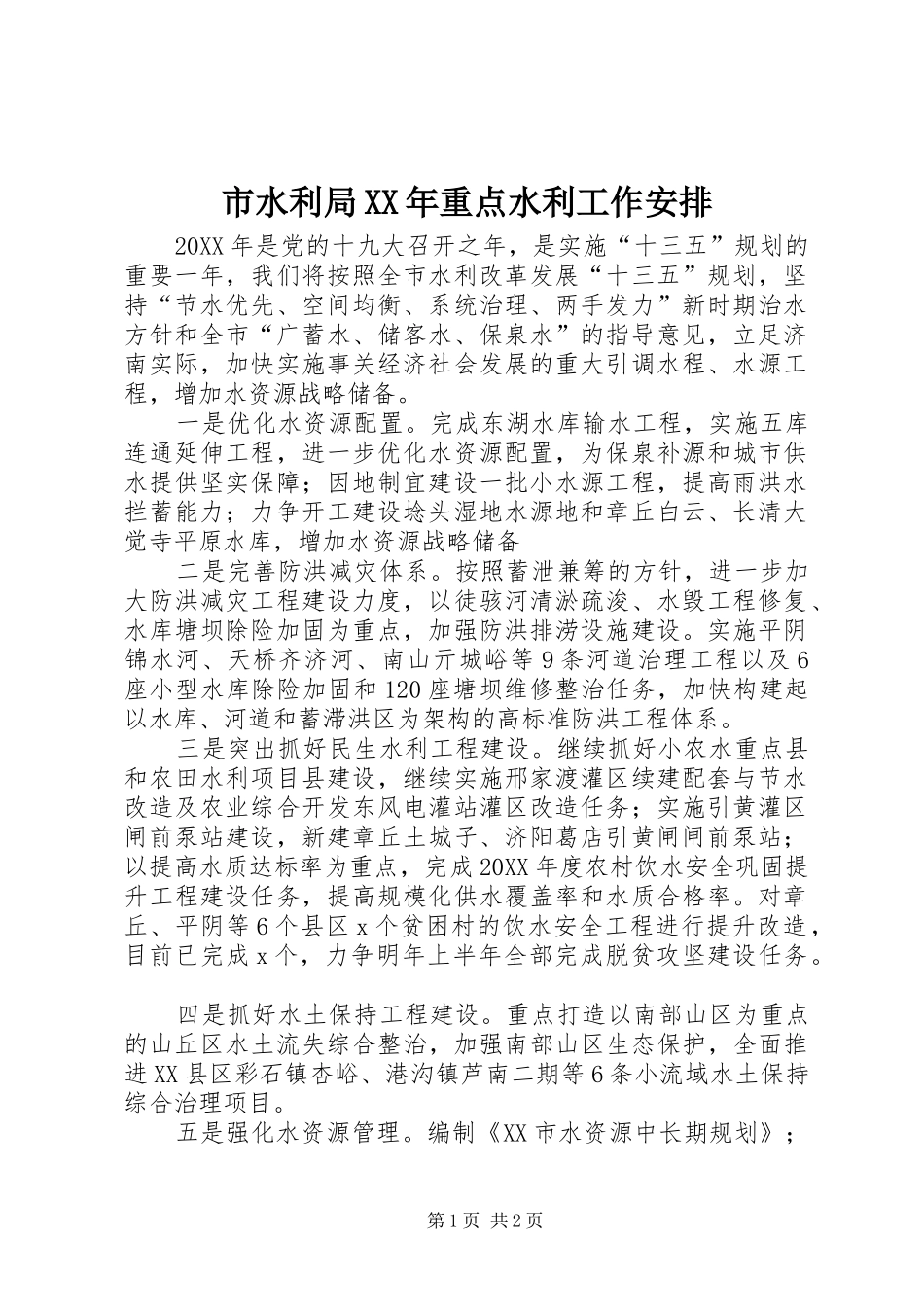 市水利局重点水利工作安排_第1页