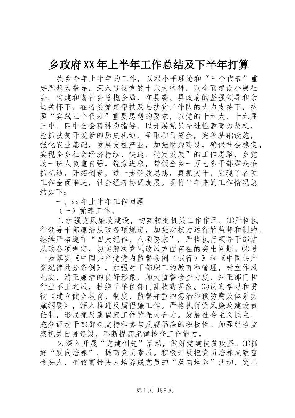 乡政府上半年工作总结及下半年打算_第1页