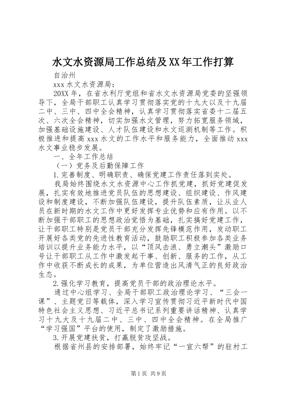 水文水资源局工作总结及工作打算_第1页