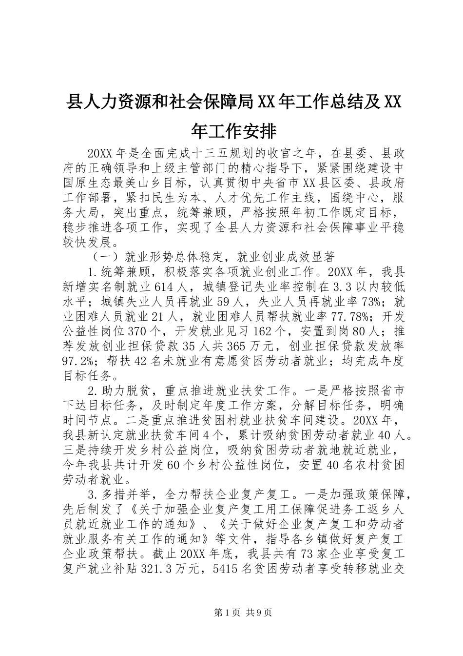 县人力资源和社会保障局工作总结及工作安排_第1页