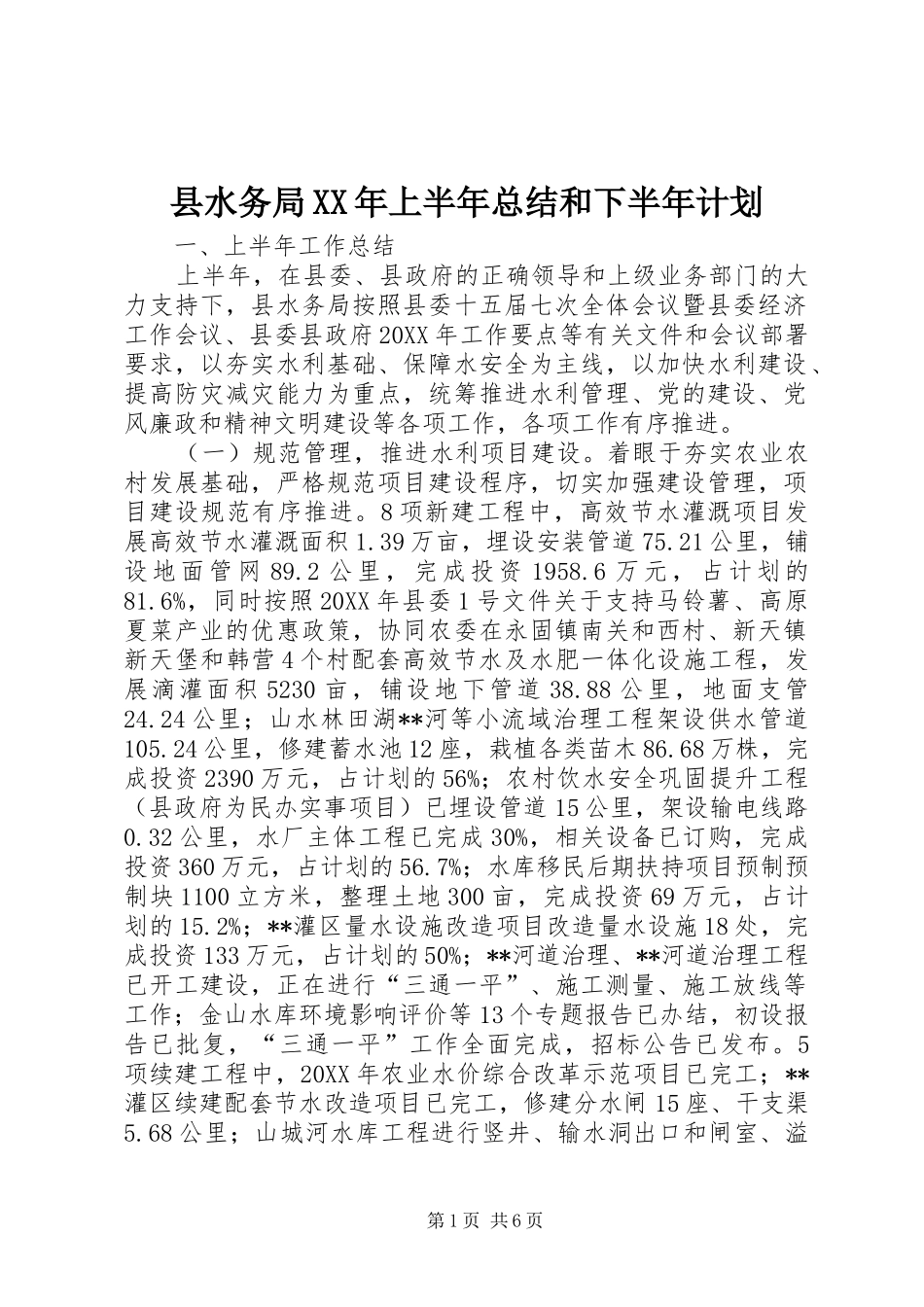 县水务局上半年总结和下半年计划_第1页