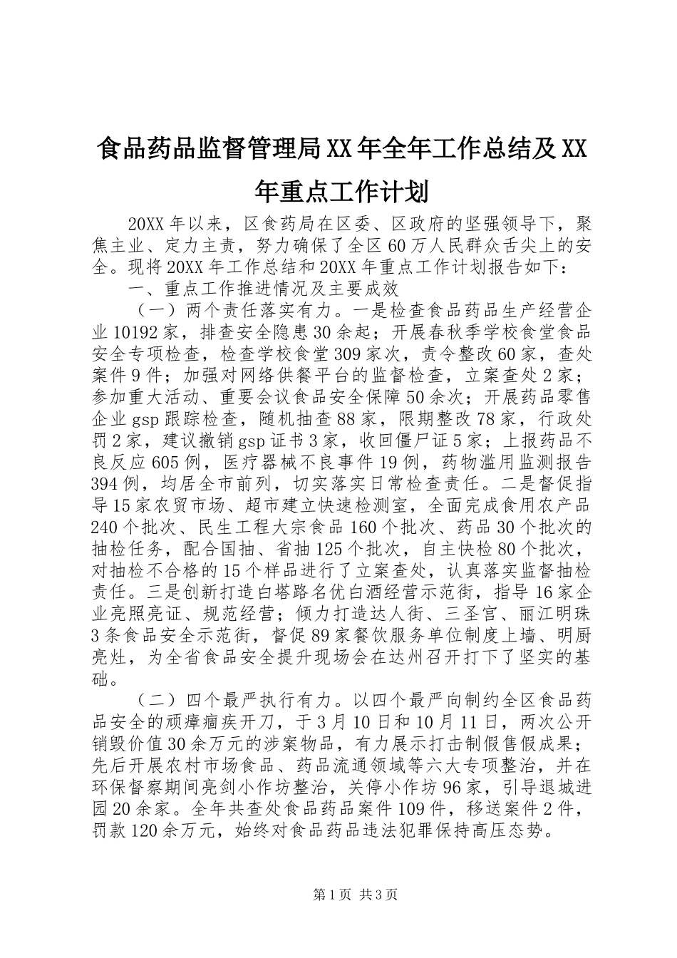 食品药品监督管理局全年工作总结及重点工作计划_第1页