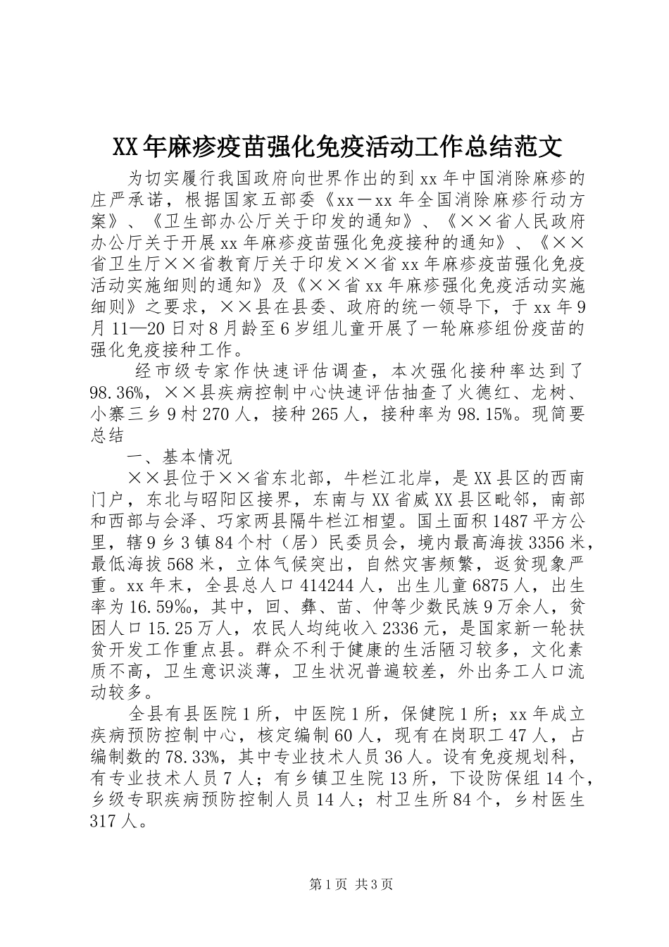 麻疹疫苗强化免疫活动工作总结范文_第1页