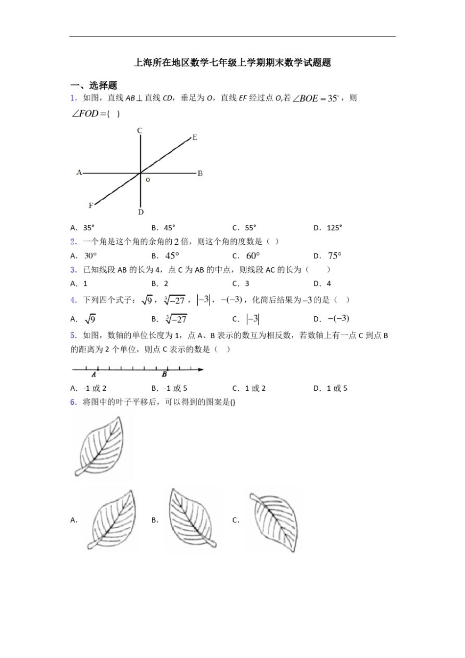 上海所在地区数学七年级上学期期末数学试题题_第1页