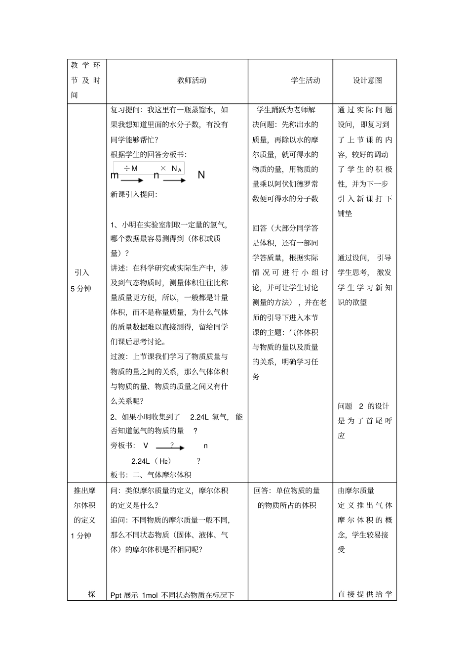 人教版高中化学必修1《气体摩尔体积》教学设计_第2页