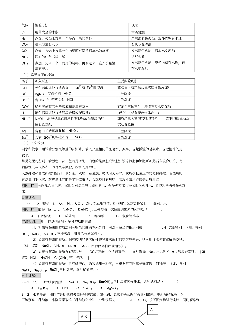 初三科学物质的检验和鉴别总结及练习_第2页