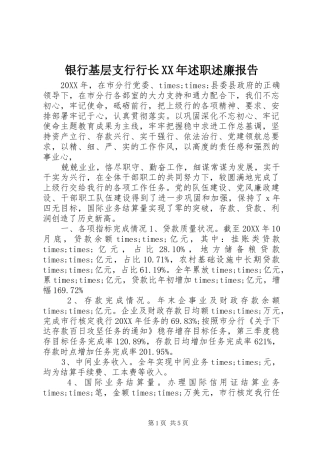银行基层支行行长述职述廉报告