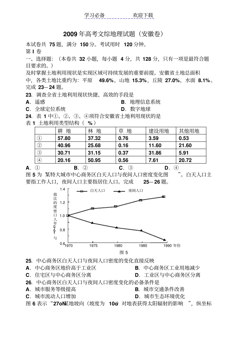安徽高考地理试卷及答案_第1页