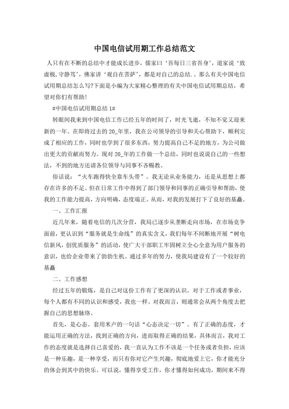 中国电信试用期工作总结范文_第1页