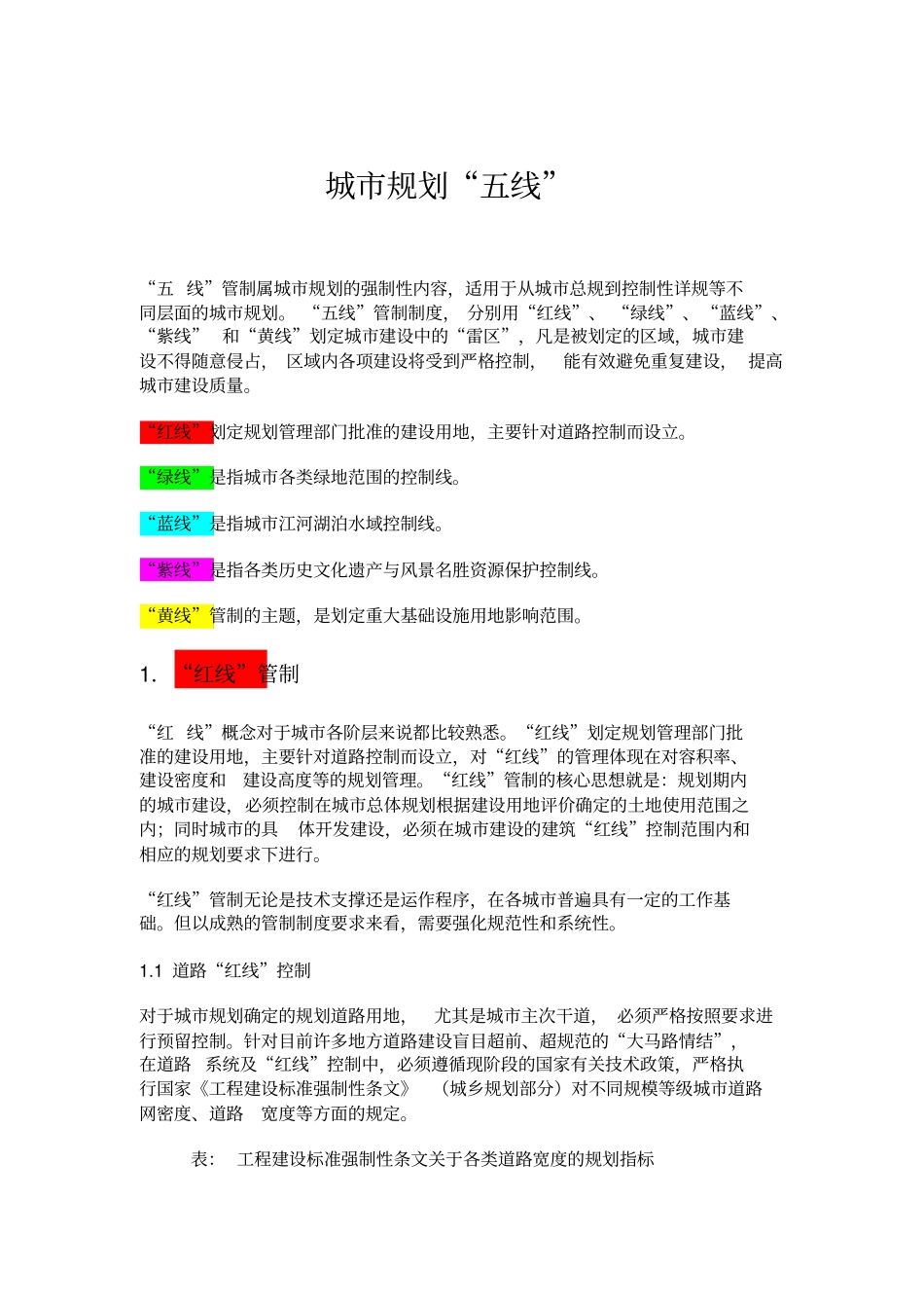 城市规划五线红线绿线蓝线紫线黄线_第1页