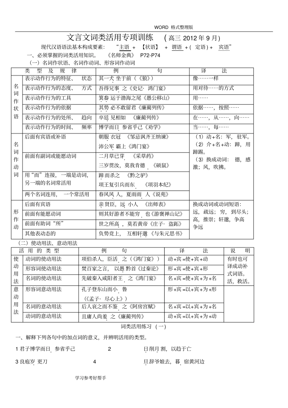 文言文词类活用专项训练和答案解析_第1页