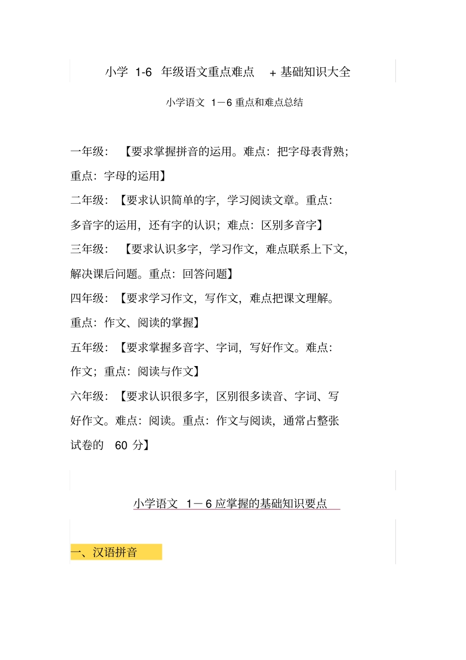小学1-6年级语文重点难点+基础知识大全_第1页