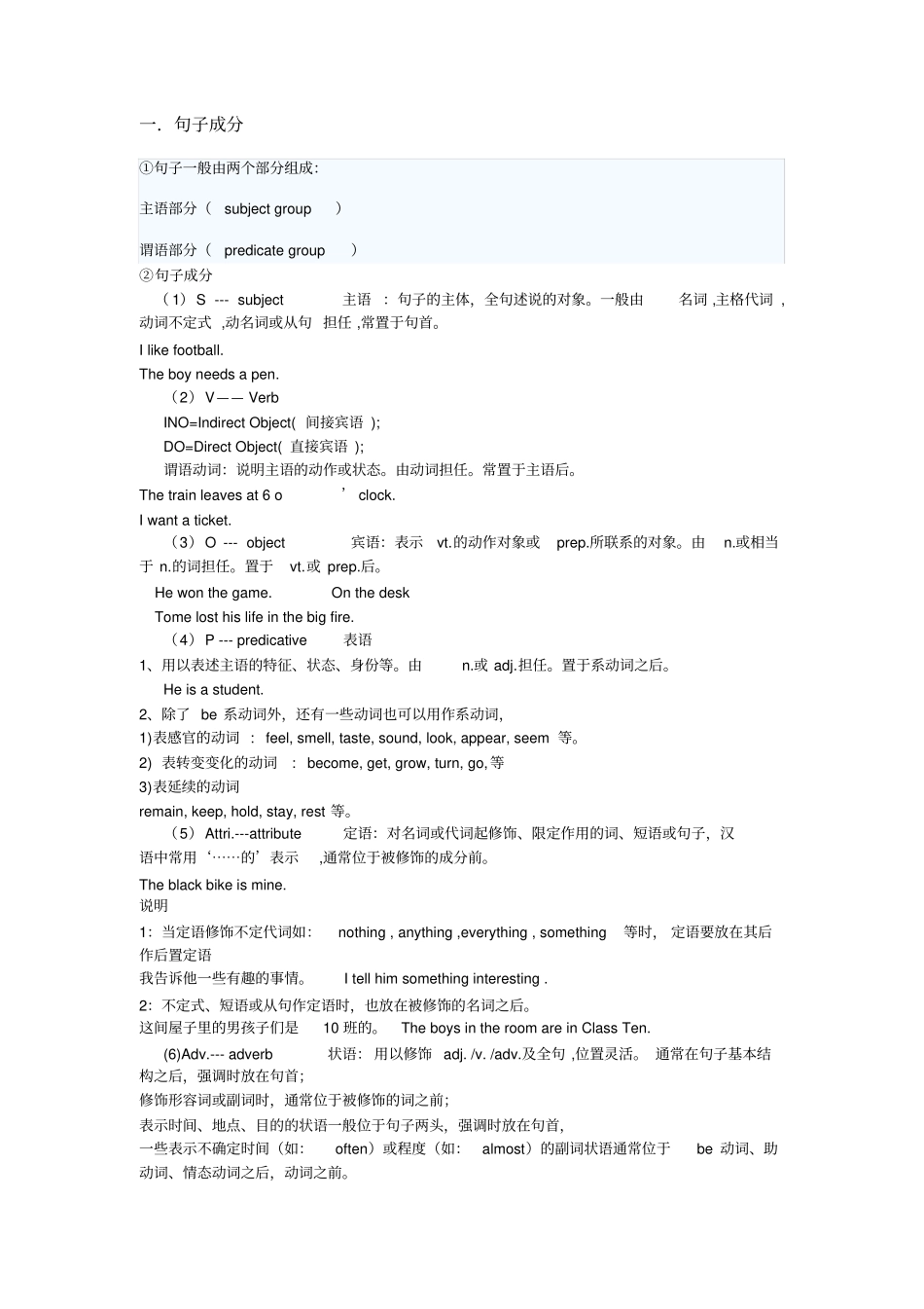 初中英语句子的基本结构和类型讲解、练习_第1页