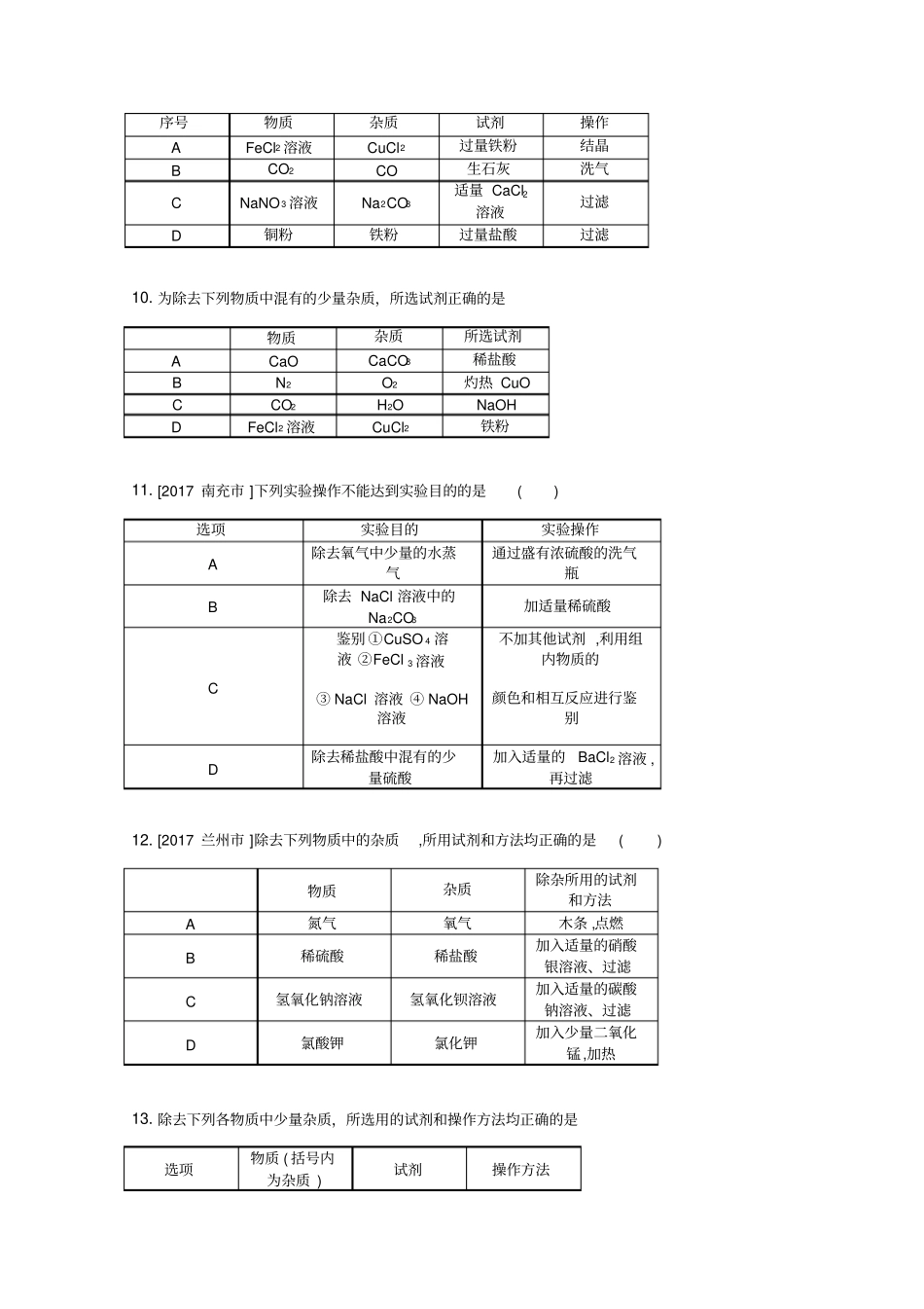 2018-初三化学除杂问题模拟考试_第3页