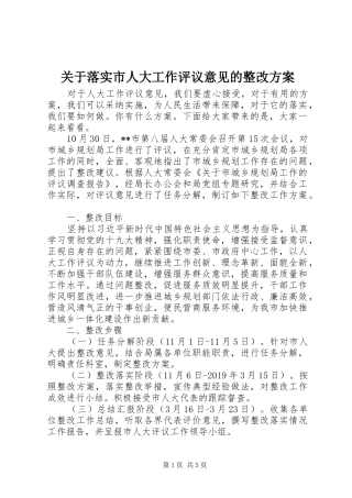 关于落实市人大工作评议意见的整改实施方案