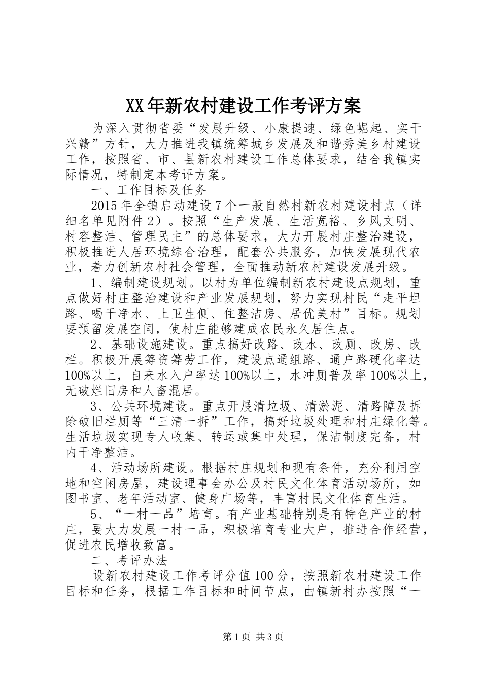 XX年新农村建设工作考评实施方案_第1页