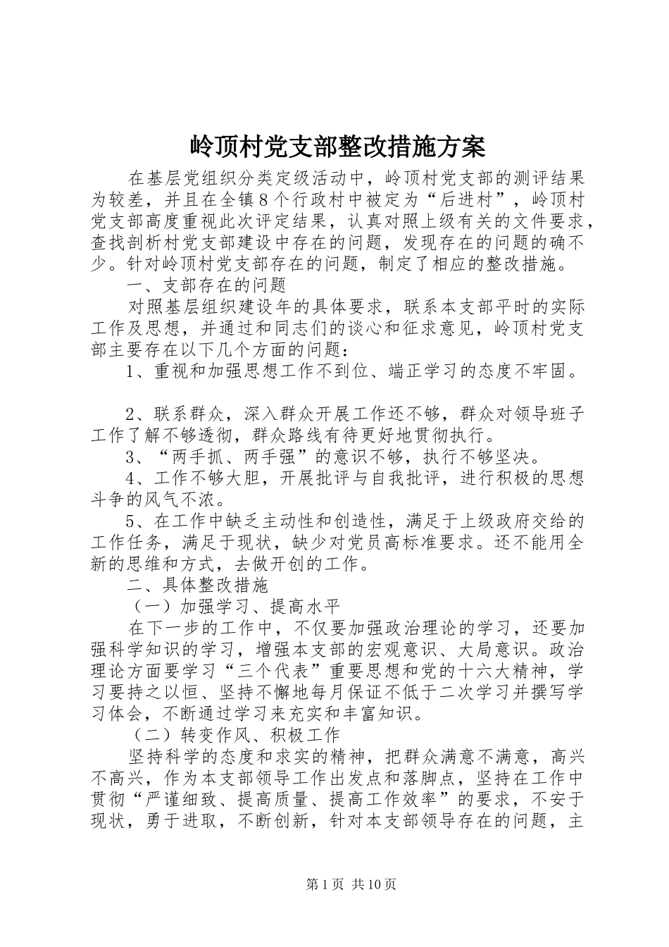 岭顶村党支部整改措施实施方案_第1页