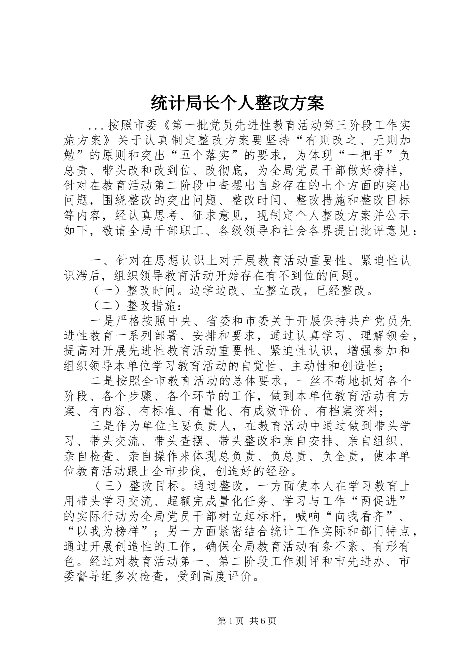 统计局长个人整改实施方案_第1页