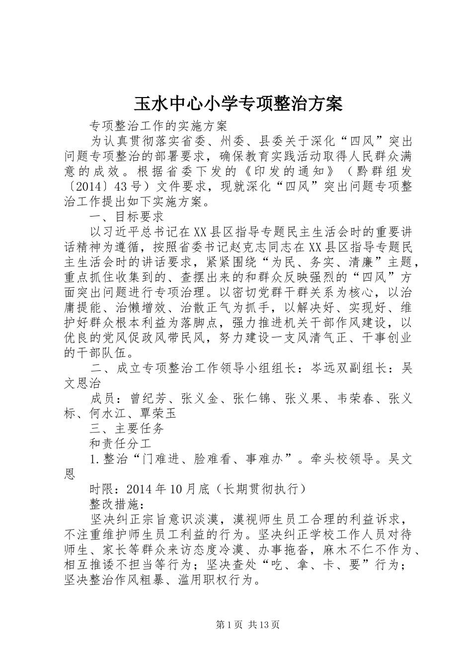 玉水中心小学专项整治实施方案_第1页