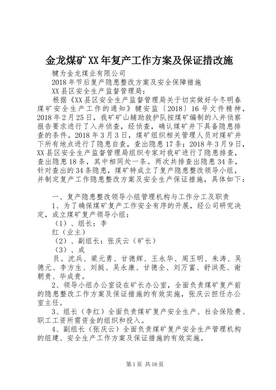 金龙煤矿XX年复产工作实施方案及保证措改施_第1页