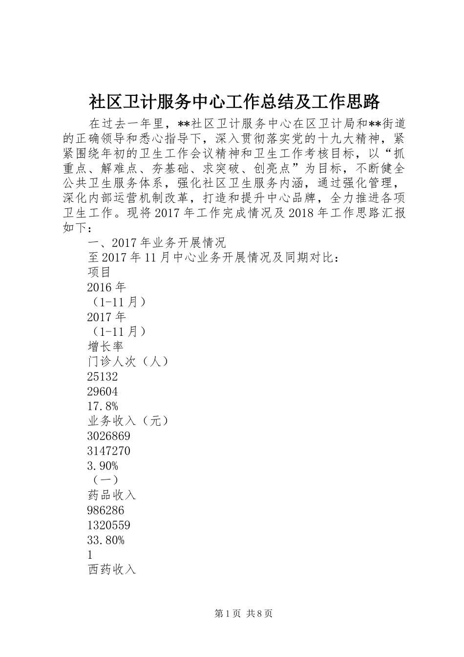 社区卫计服务中心工作总结及工作思路_第1页