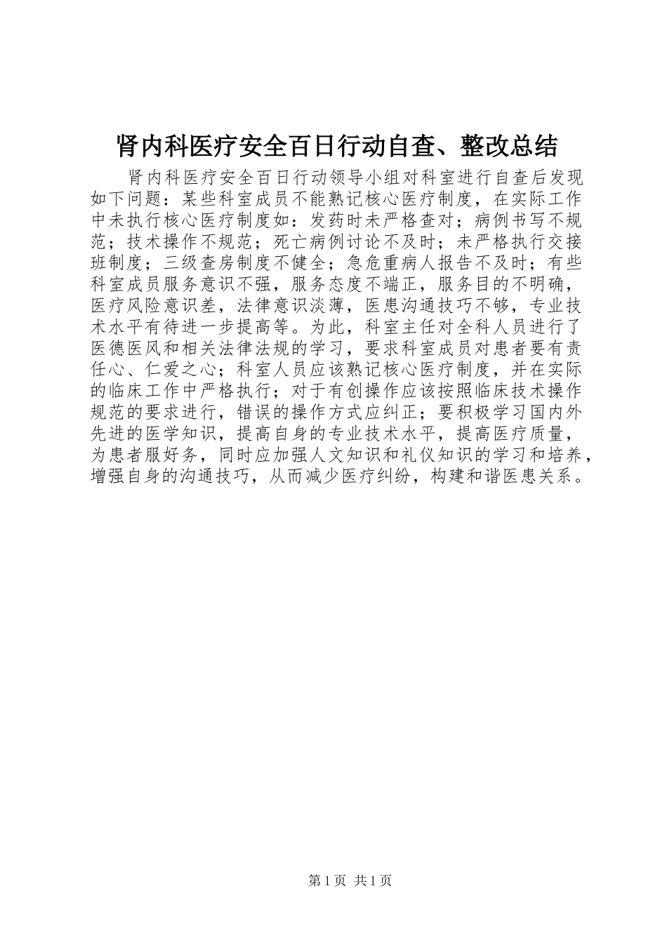 肾内科医疗安全百日行动自查、整改总结_第1页
