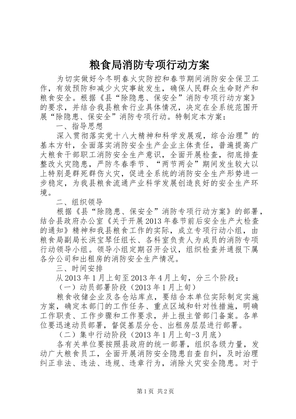 粮食局消防专项行动实施方案_第1页
